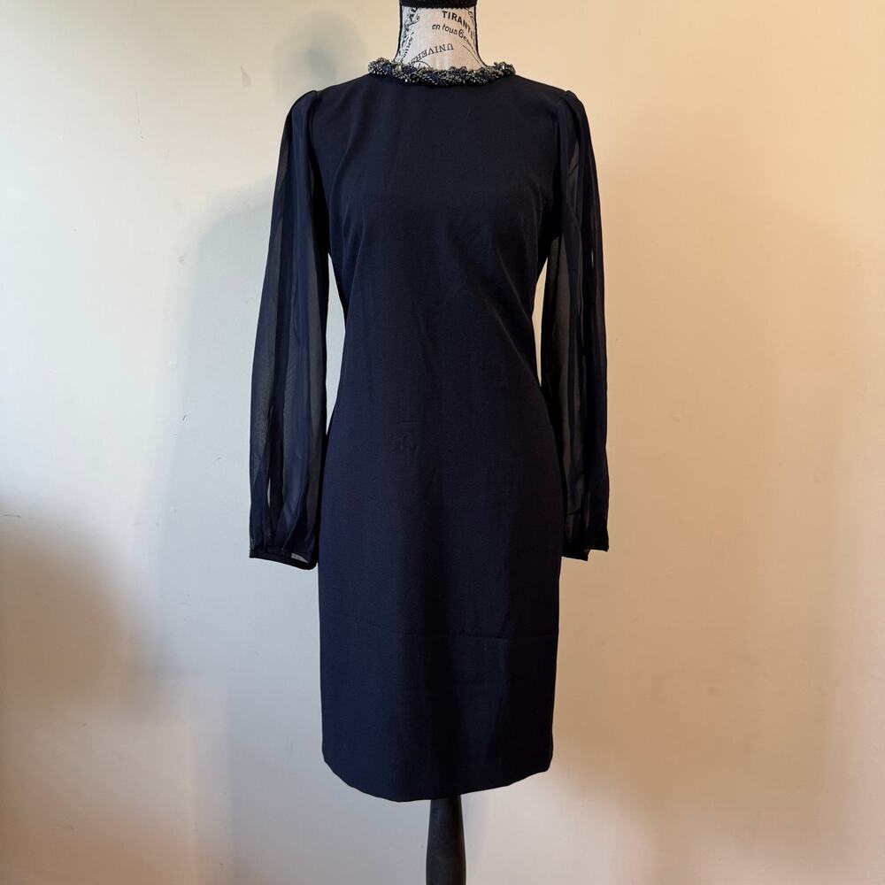 Donna Ricco Size 4 Navy Beaded Neck Sheer Sleeve Sheath Dress Cocktail Party